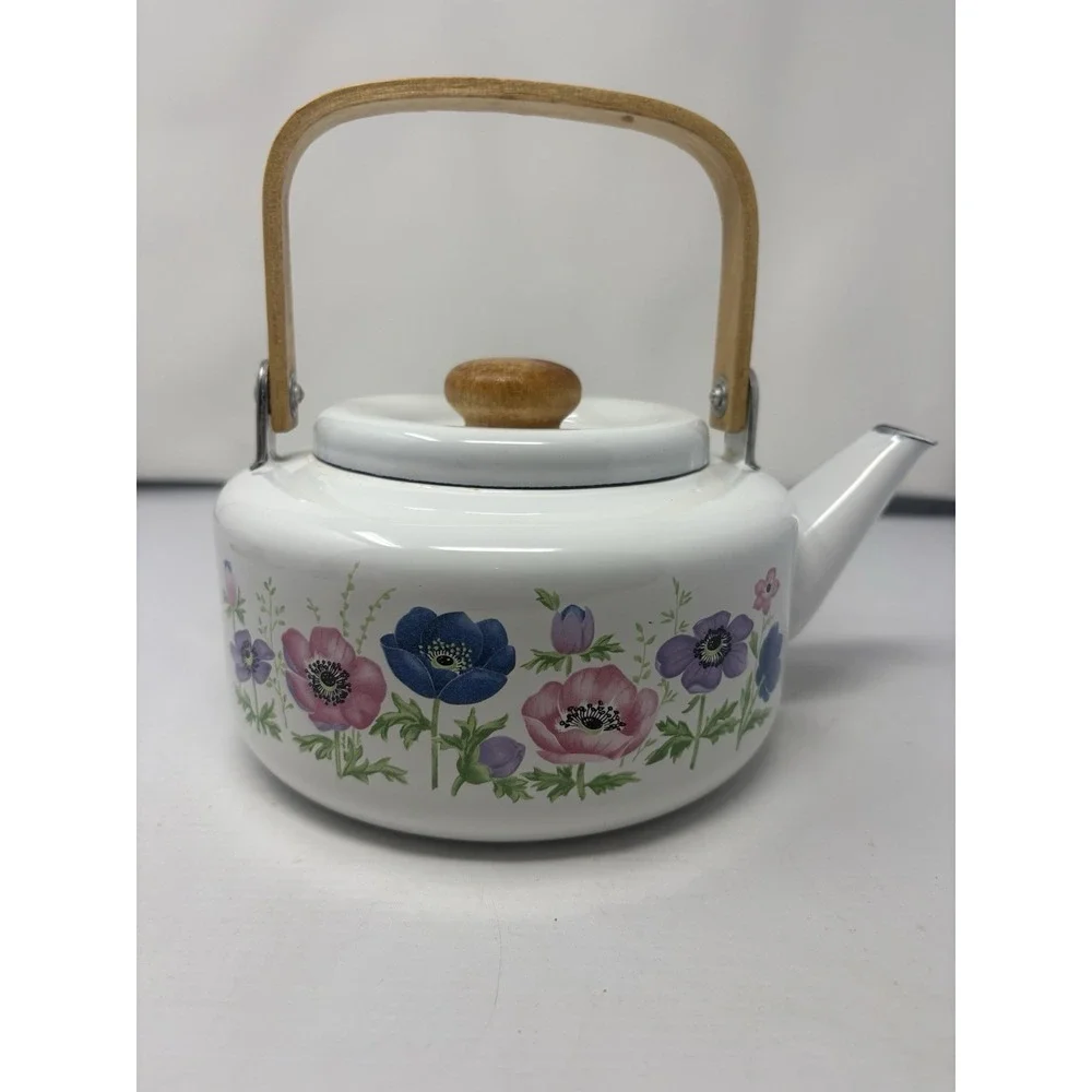 Vintage National Housewares Metal Teapot Kettle Floral Garden Bamboo 1985 Granny